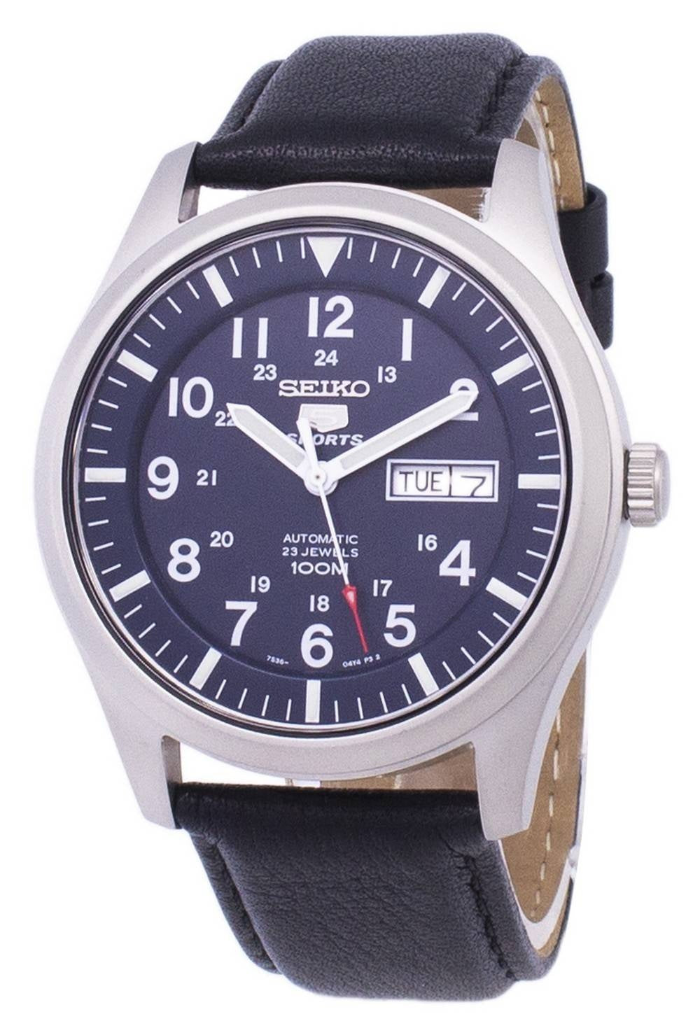 Seiko 5 Sports Automatisk svart läder SNZG11K1-var-LS10 100M herrklocka