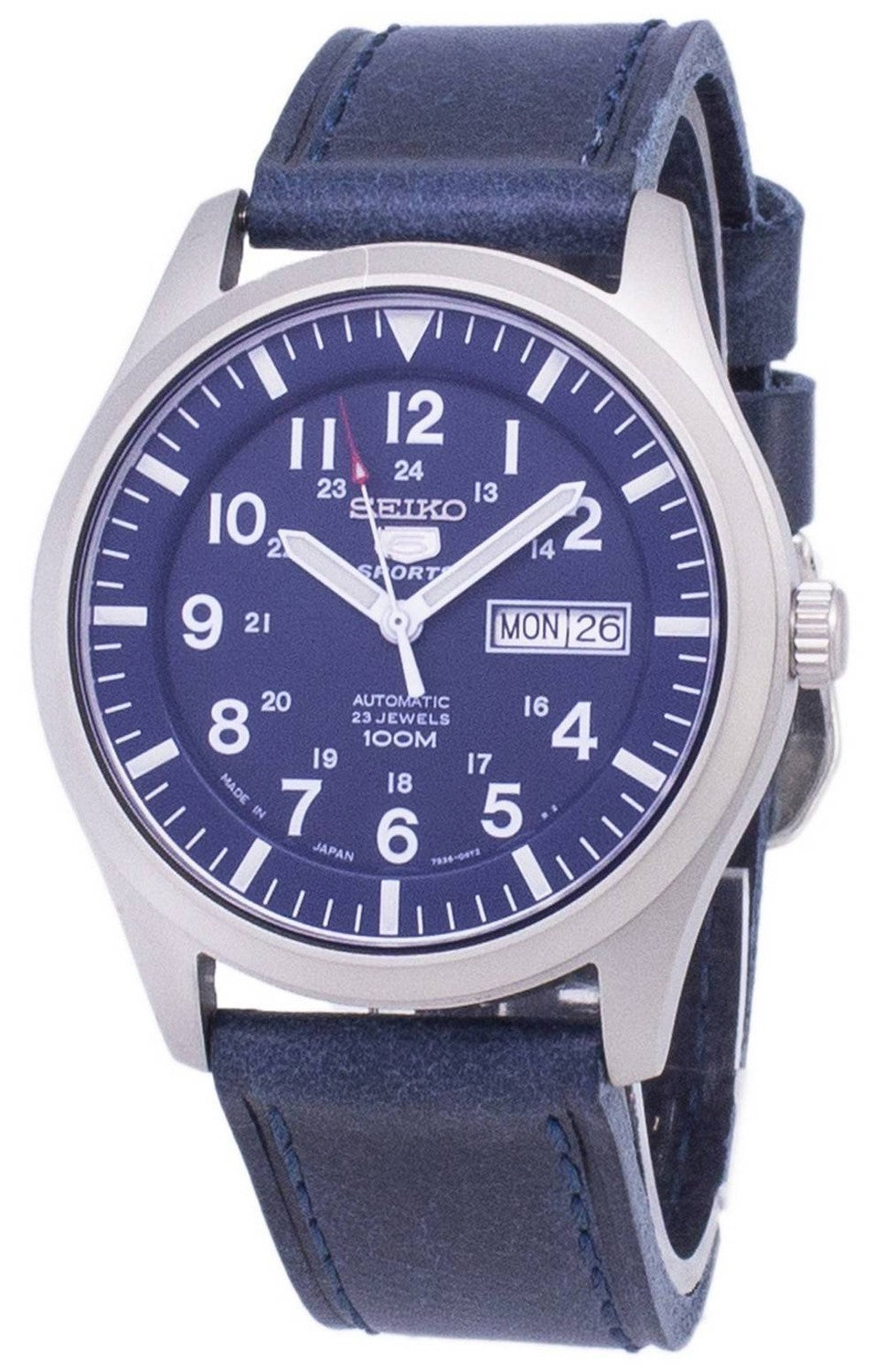 Seiko 5 Sports SNZG11J1-var-LS13 Japangjord mörkblå läderrem herrklocka