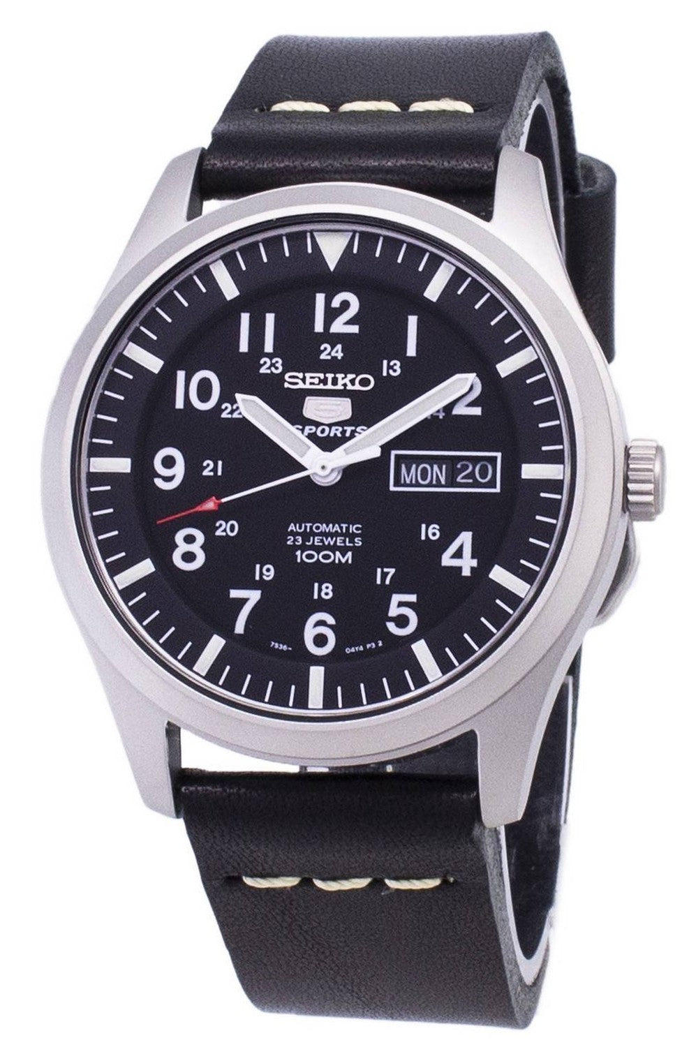 Seiko 5 Sports SNZG15K1-var-LS14 automatisk svart läderrem herrklocka