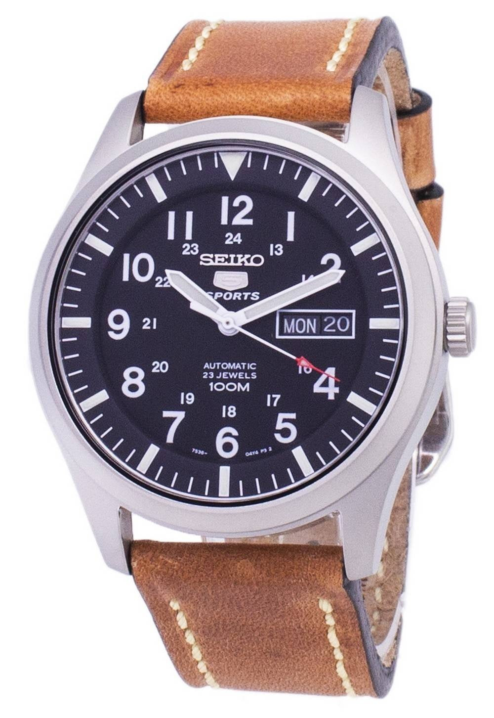 Seiko 5 Sports SNZG15K1-var-LS17 Automatisk brunt läderarmband herrklocka