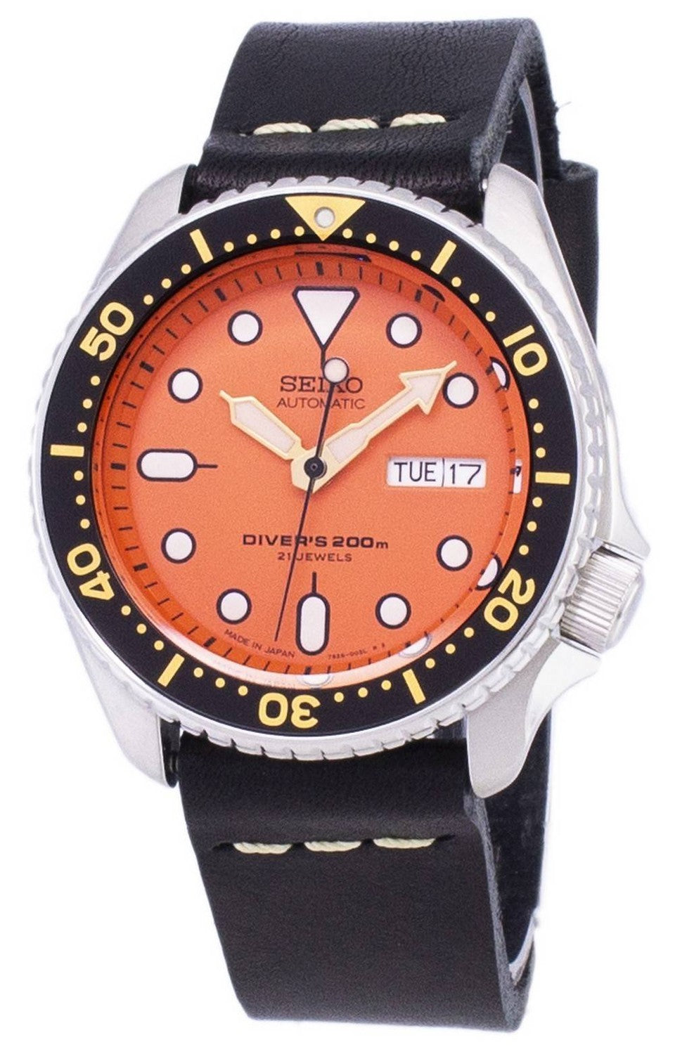 Seiko Automatic SKX011J1-var-LS14 Diver's 200M Japan-tillverkad svart läderrem herrklocka