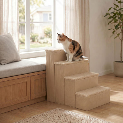 TASSORA - Hopfällbar hundtrappa med halkskydd, beige, 65×40×70 cm