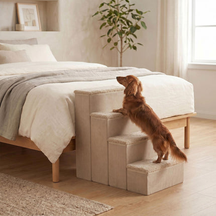 TASSORA - Hopfällbar hundtrappa med halkskydd, beige, 65×40×70 cm