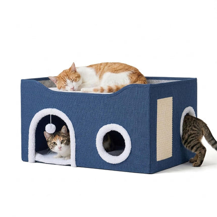 TASSORA - Foldable Cat Cave with Scratch Pad, Blue, 34x60x40 cm