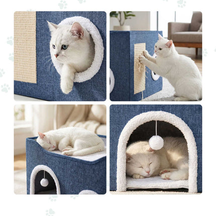 TASSORA - Foldable Cat Cave with Scratch Pad, Blue, 34x60x40 cm