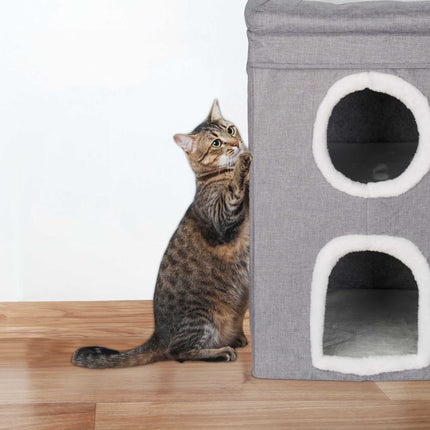 TASSORA - Hopfällbar kattkoja med 3 nivåer och mjuk plysch, grå, 120 cm