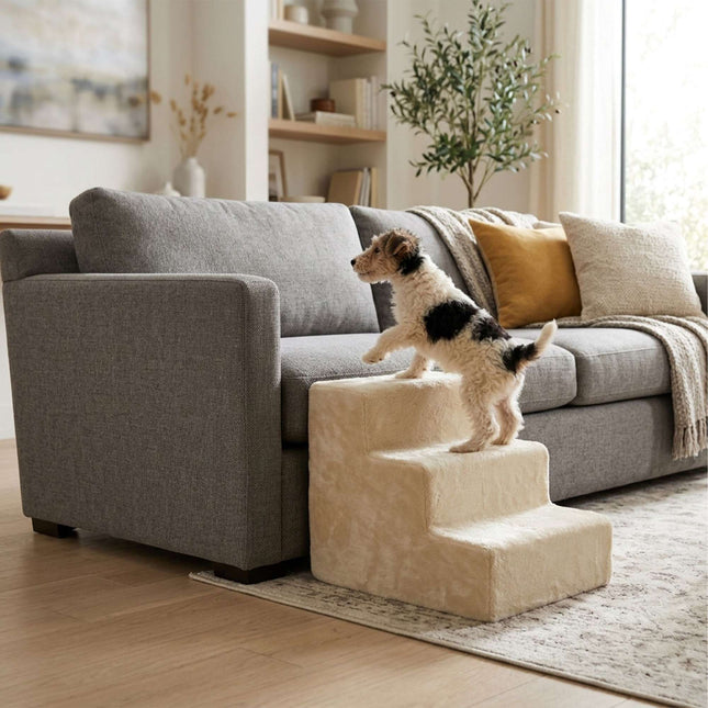 TASSORA - Dog Stairs, 3 Steps - Beige, Soft Plush Cover