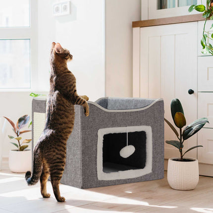 TASSORA - Kattbädd med mjuk plysch för kattens vila och sovstunder, grå