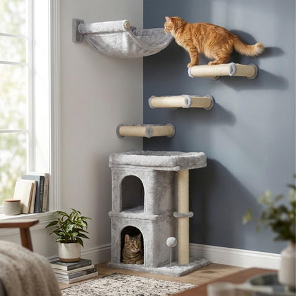 TASSORA - Cat Tree with Caves & Bed, Light Grey, 71cm