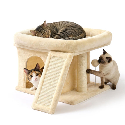 TASSORA - Cat Tree with Cave & Bed, Beige - Sisal & Plush