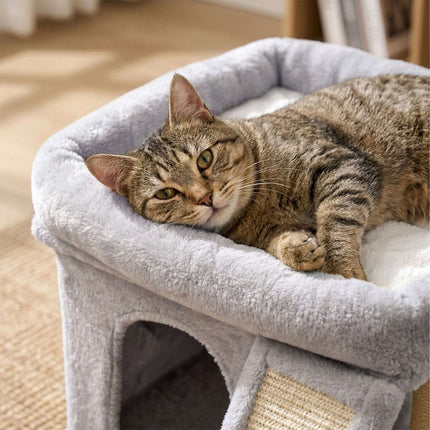 TASSORA - Cat Tree with Cave & Bed, Light Grey, 38.5 x 54 x 45 cm