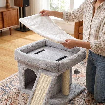 TASSORA - Cat Tree with Cave & Bed, Light Grey, 38.5 x 54 x 45 cm