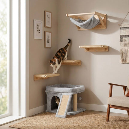 TASSORA - Cat Tree with Cave & Bed, Light Grey, 38.5 x 54 x 45 cm