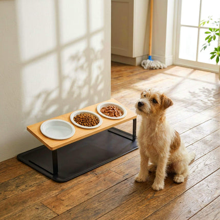 TASSORA - Raised Cat Bowl Set - Bamboo Stand, Ceramic Bowls, Mat