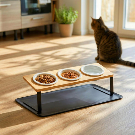 TASSORA - Raised Cat Bowl Set - Bamboo Stand, Ceramic Bowls, Mat