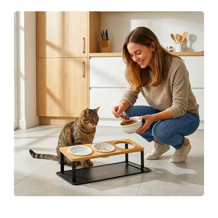 TASSORA - Raised Cat Bowl Set - Bamboo Stand, Ceramic Bowls, Mat